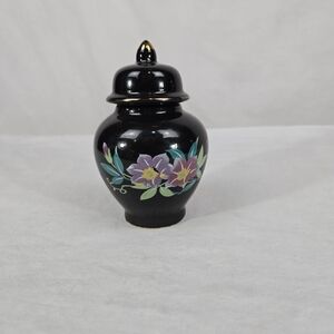 Vintage Japanese Black Gold Ginger Jar Flower Floral Temple Japan 4.5"